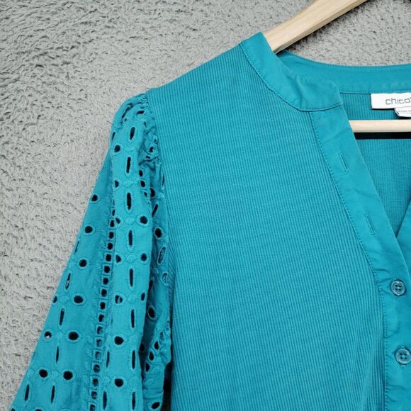 Chico's Pagoda Blue Ribbed Knit Eyelet Henley Top 1/2 Button Womens Size 1 - Picture 2 of 16